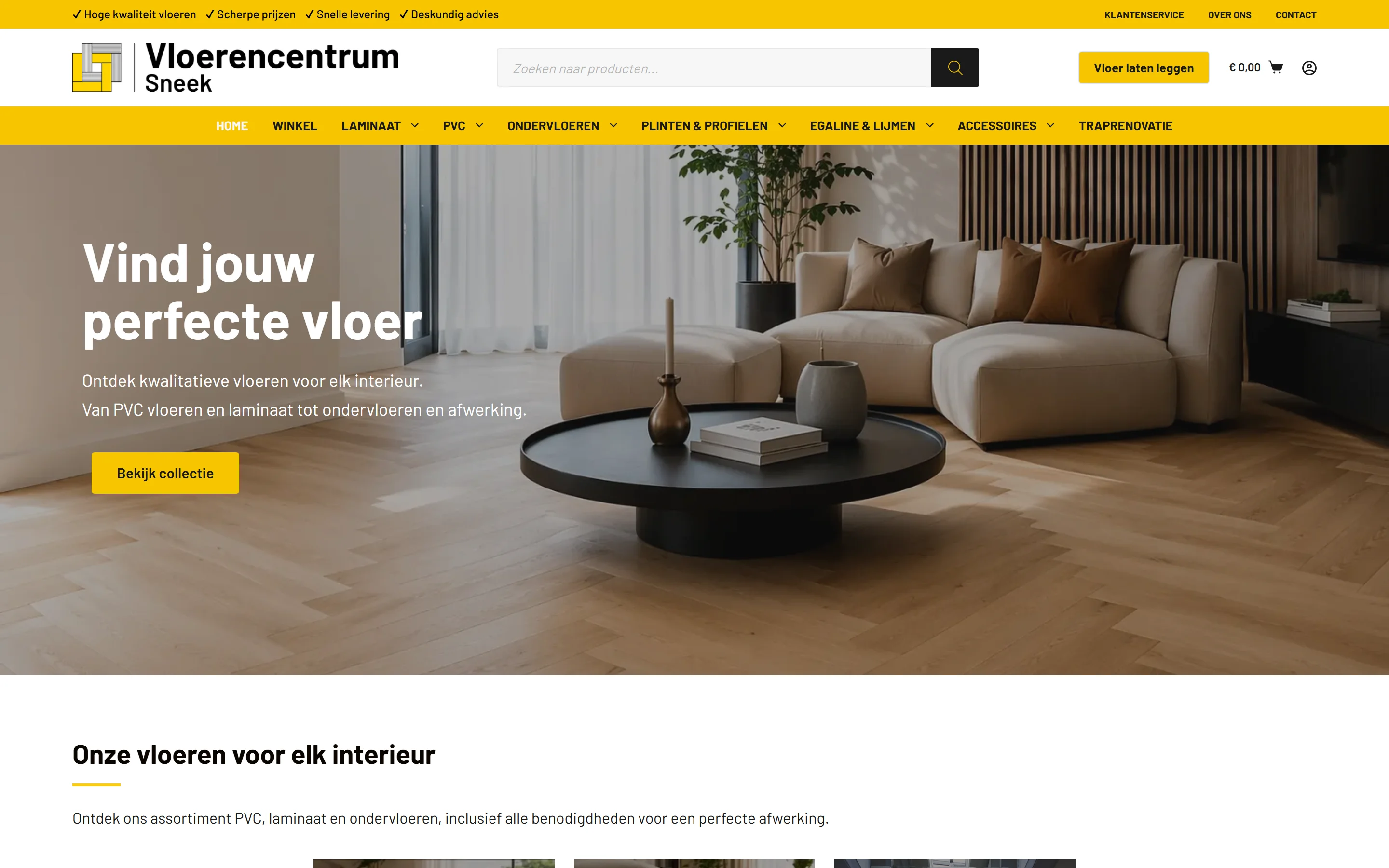 Vloerencentrum Sneek: webshop voor laminaat, PVC en vloeraccessoires met offertemodule, donker modern design
